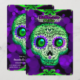 Grüne und violette leuchtende Halloween-Skulp-Part Einladung