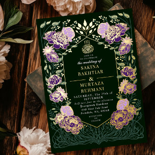 Grüne und violette verzauberte florale muslimische folieneinladung