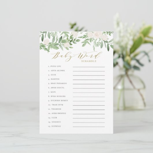 Grüne und weiße Blume Baby Word Scramble Game Begleitkarte (Stehend Vorderseite)