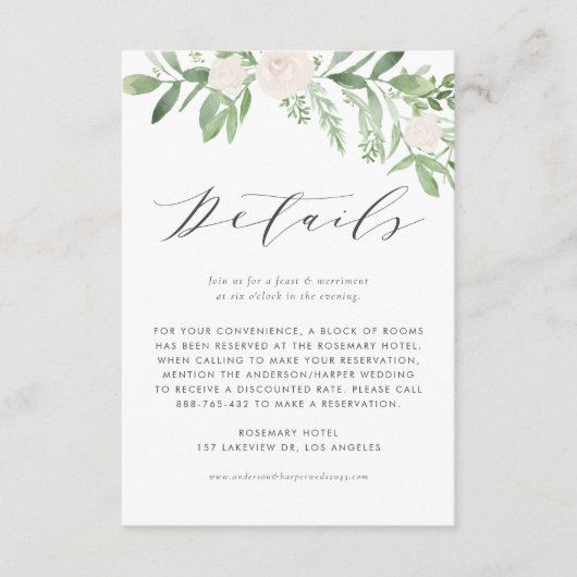 Grüne und weiße Blume Hochzeitsdetails Begleitkarte (Vorderseite)
