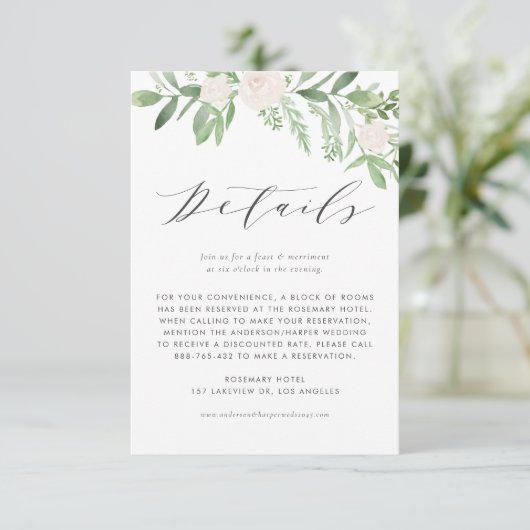 Grüne und weiße Blume Hochzeitsdetails Begleitkarte (Stehend Vorderseite)