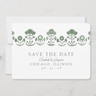 Grüne und weiße botanische Blockdruck-Hochzeit Save The Date