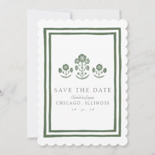 Grüne und weiße botanische Blockdruck-Hochzeit Save The Date
