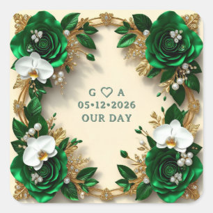 Grüne und weiße florale Hochzeit frische Blätter Quadratischer Aufkleber