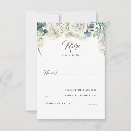Grüne und weiße Hydrangea Wedding RSVP Karte (Vorderseite)