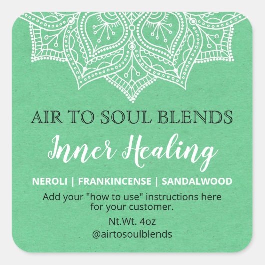 Grüne und weiße Mandala Blend Labels Quadratischer Aufkleber (Vorderseite)