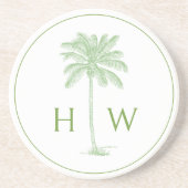 Grüne und weiße Palm-Palmetto-Baum-Monogramm Getränkeuntersetzer (Vorne)
