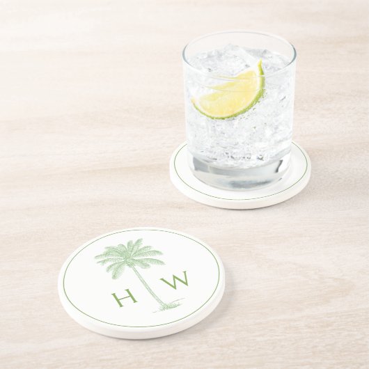 Grüne und weiße Palm-Palmetto-Baum-Monogramm Getränkeuntersetzer (Seite)