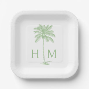 Grüne und weiße Palm-Palmetto-Baum-Monogramm Pappteller