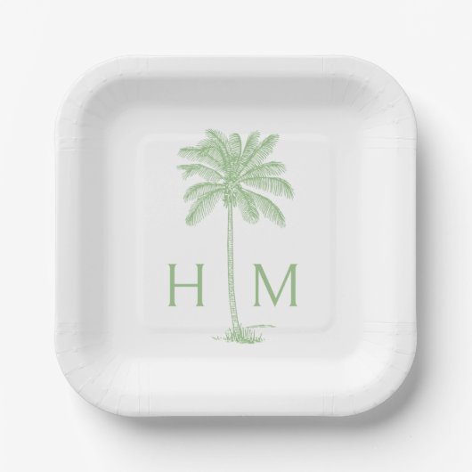 Grüne und weiße Palm-Palmetto-Baum-Monogramm Pappteller (Vorderseite)
