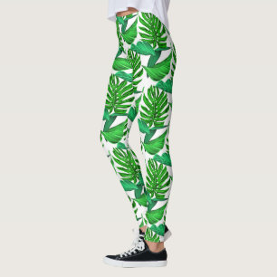 Grüne und weiße Palmenblätter, tropischer Dschunge Leggings