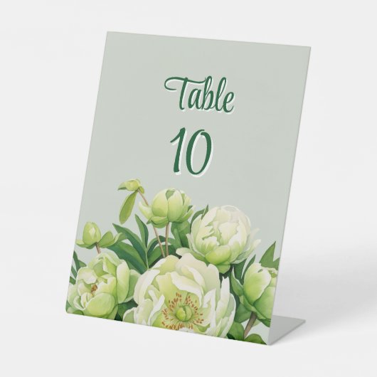 Grüne und weiße Peony Elegante Tischnummer Sockelschild (Vorderseite)