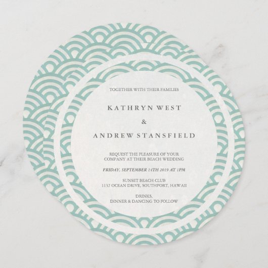 Grüne und weiße stilisierte Waves Elegant Beach We Einladung (Vorne/Hinten)