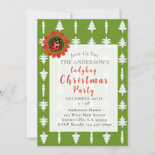 Grüne und Weiße Weihnachtsbaum-Marienkäfer-Party Einladung