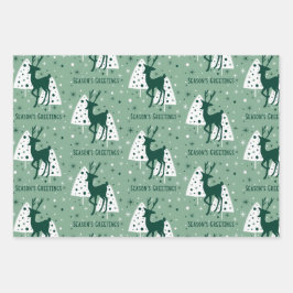 Grüne und weiße Weihnachtsbäume mit Hirsch Geschenkpapier Set