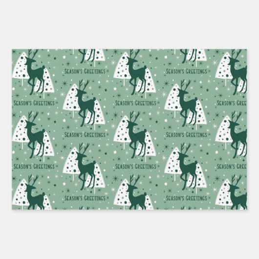 Grüne und weiße Weihnachtsbäume mit Hirsch Geschenkpapier Set (Vorderseite)