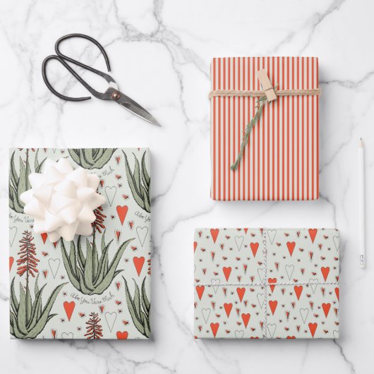 Grüne Valentine Aloe Succulents Stripes Hearts Geschenkpapier Set (Vorderseite)