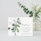 Grüne verändern das Datum Eukalyptus Hochzeit Ankündigungspostkarte (Stehend Vorderseite)
