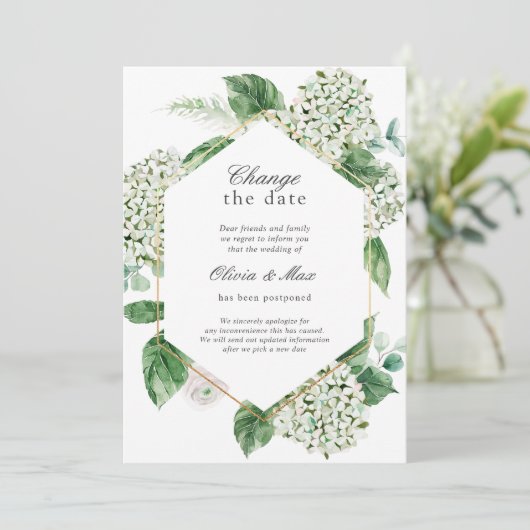 Grüne verändern das Datum Hochzeit verschoben Einladung (Stehend Vorderseite)
