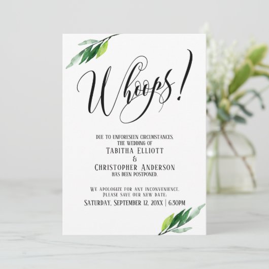 Grüne verspätete Hochzeit "Whoops!" Ankündigung (Stehend Vorderseite)