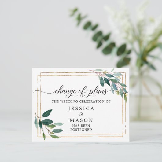 Grüne verspätete Hochzeiten ändern das Datum Postkarte (Stehend Vorderseite)