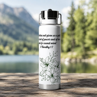 Grüne Vintage-Blumen-Linienkunst & Bibelvers Trinkflasche