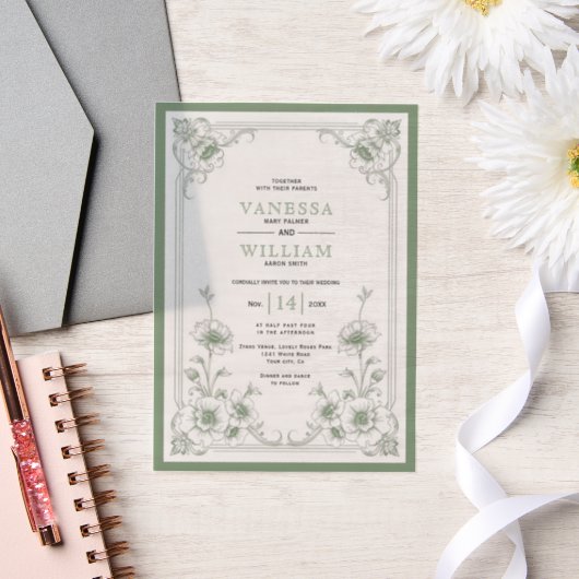 Grüne Vintage Blumenzarte Pergament Einladungen (Hochzeit)