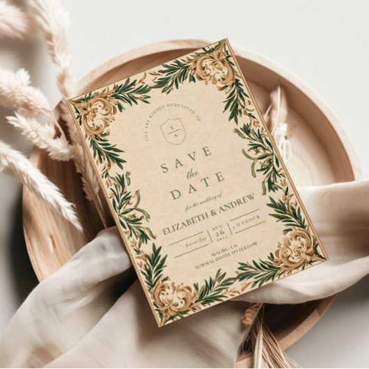 Grüne Vintage-Botanical-Hochzeit Save The Date