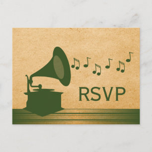 Grüne Vintage-Grammophon-RSVP-Postkarte Einladungspostkarte