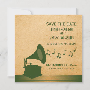 Grüne Vintage-Grammophon-Save-the-Date-Einladung Einladung