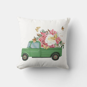 Grüne Vintage-LKW-Wurfkissenhülle mit Blumen Kissen
