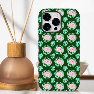 Grüne Vintage-Rosen, Monstera- & Feder-Muster Case-Mate iPhone 14 Pro Max Hülle