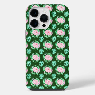 Grüne Vintage-Rosen, Monstera- & Feder-Muster iPhone 14 Pro Max Hülle