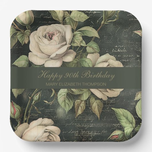 Grüne Vintage-Rosen-Papierplatte Pappteller (Vorderseite)