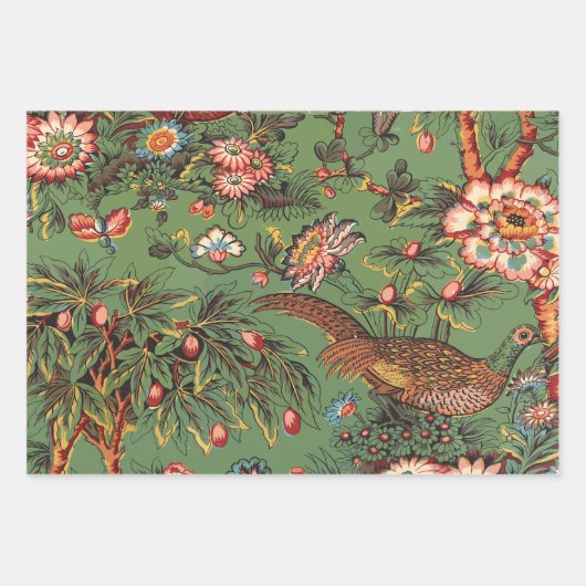 Grüne Vintage Textilblumenmuster Geschenkpapier Set (Vorderseite)