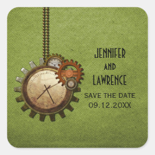 Grüne Vintage-Uhr Save-the-Date-Aufkleber Quadratischer Aufkleber