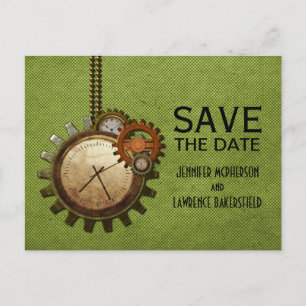 Grüne Vintage Uhr Save the Date Postkarte