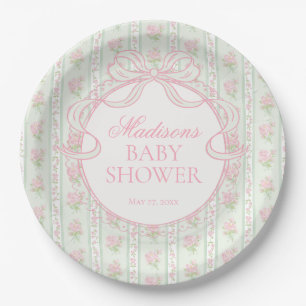 Grüne Vintage-verschlungene Blumen-Baby-Party Pappteller