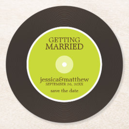 Grüne Vinyl Record Hochzeit retten Datum Hochzeit Runder Pappuntersetzer