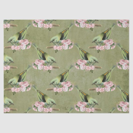 Grüne Vögel und rosa Blumenzauber Seidenpapier (Vorderseite)