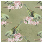 Grüne Vögel und rosa Blüten Stoff (Nahaufnahme)