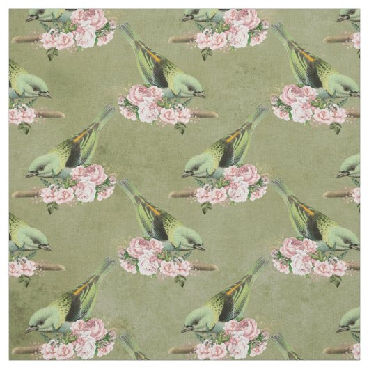 Grüne Vögel und rosa Blüten Stoff (Muster)