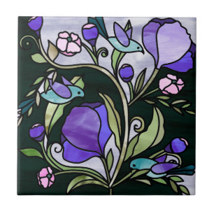 Grüne Vögel und violette Blumen aus Glas Fliese