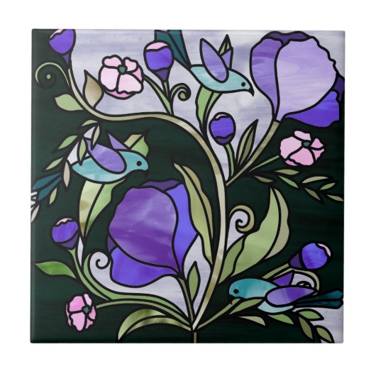 Grüne Vögel und violette Blumen aus Glas Fliese (Vorderseite)