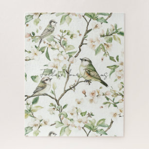 Grüne Vögel Weiße Blumen Baum Puzzle