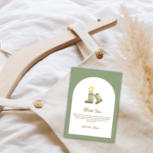 Grüne, vor Ort gezüchtete Blumenstiefel Babydusche Dankeskarte