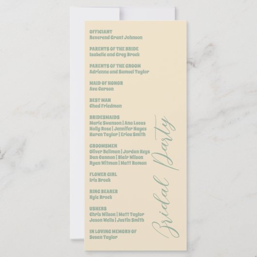 Grüne Vosvos Minimale Hochzeitsprogramme (Rückseite)