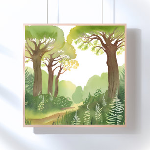 Grüne Wald Bäume   Natur Schöne Aquarellmalerei Poster