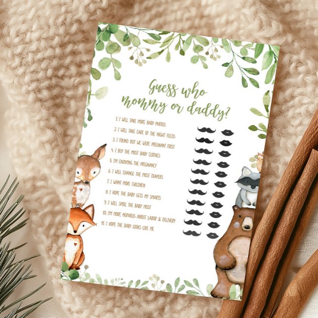 Grüne Wald-Ratspiel-Spiel Karten: Wer ist Mami ode (Woodland Animals Baby Shower Guess Who Mommy or Daddy Game)