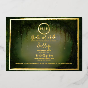 Grüne Waldlichter Elegante Hochzeitsfotos Gold Folieneinladung